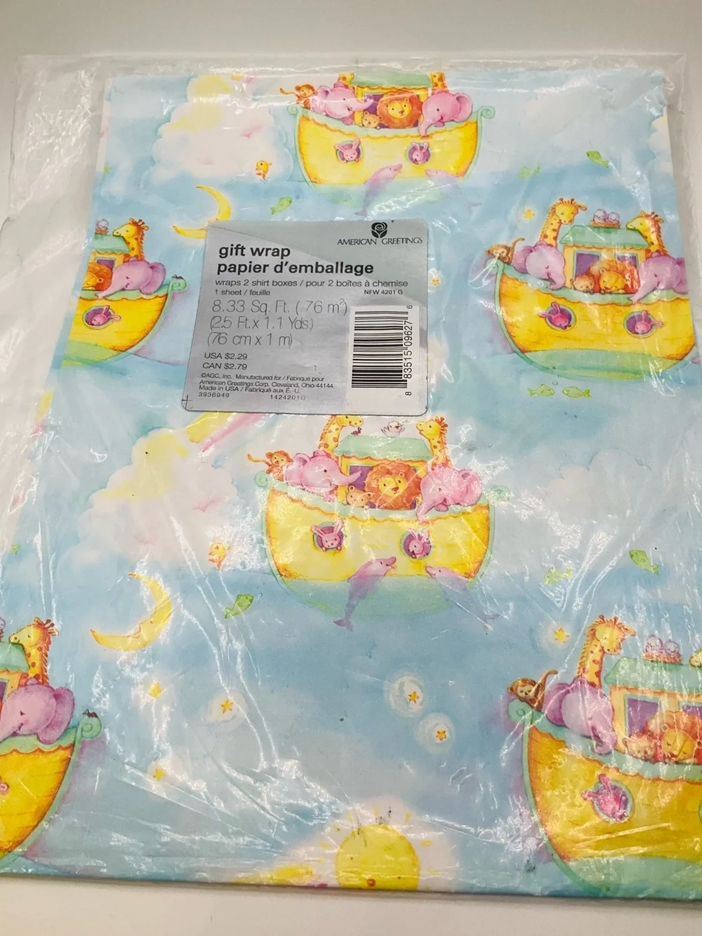 🌼4/$10🌼 NIP Vintage American Greetings Pastel Baby Noah’s Ark Animal Gift Wrap